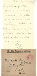 [Luke, Manuscript Letter Signed (MLS) from Sir Ronald Henry Amherst Storrs to Sir Harry Luke