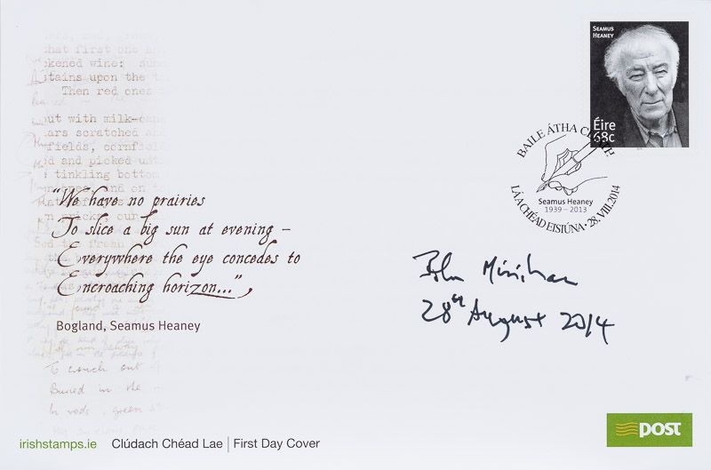 [Heaney, First Day Cover of the commemorative stamp for Seamus Heaney. Signed by irish photographer John Minihan, whose portrait of Heaney was used for the stamp.