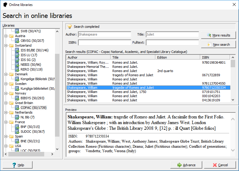 Easy cataloguing: Juliet has direct access to the bibliographic data of all important international libraries.