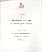 Original Certificate with beautiful Letterhead of Buckingham Palace ("GRJ") for a Medal awarded by King George VI to english music critic Henry Cope Colles "to be worn in commemoration of Their Majest