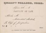 Queen's College Cork - Original Matriculation Card for the Faculty of Law - Class of Jurisprudence.